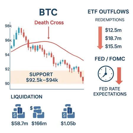 Why Bitcoin’s Slide to $93k–$95k Is More Than a Blip: ETFs, Liquidations & Fed Risk – cover image